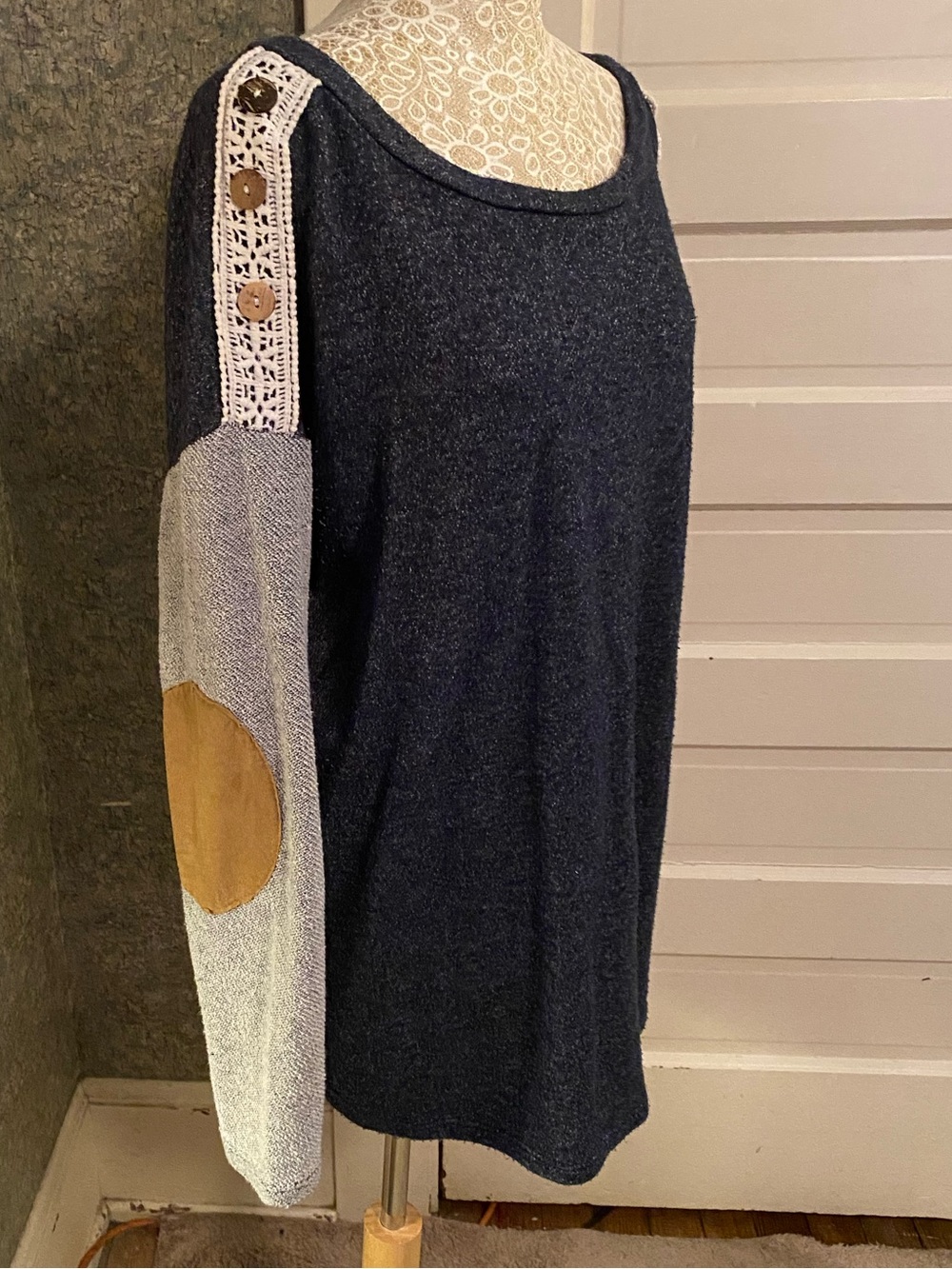 Light blue and Navy Knit Top with Crochet trim Shoulder and Elbow Patches sz Lg